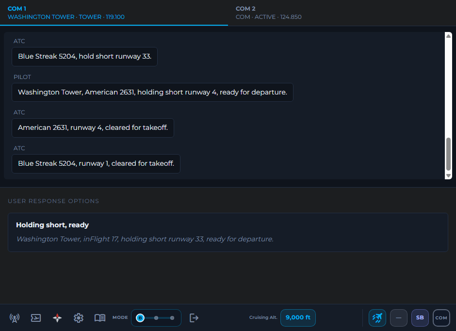 Beginner mode: full transcript with clickable response options