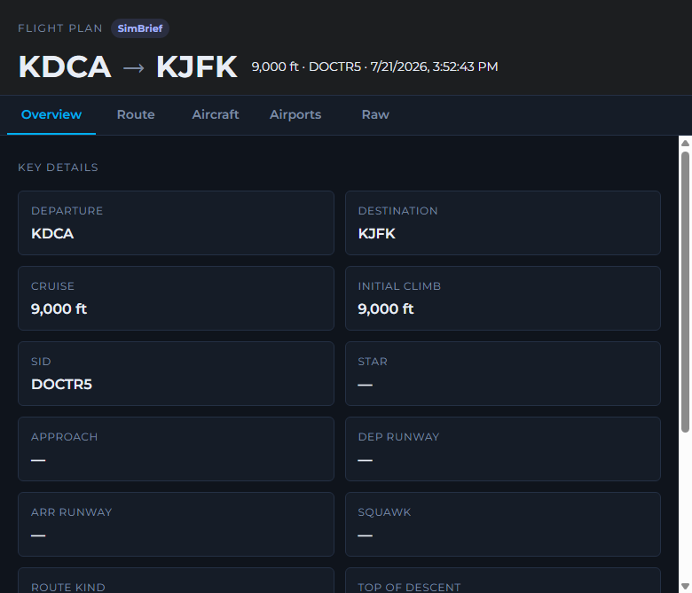 inFlight ATC flight plan window showing a SimBrief KDCA to KJFK plan with the DOCTR5 departure