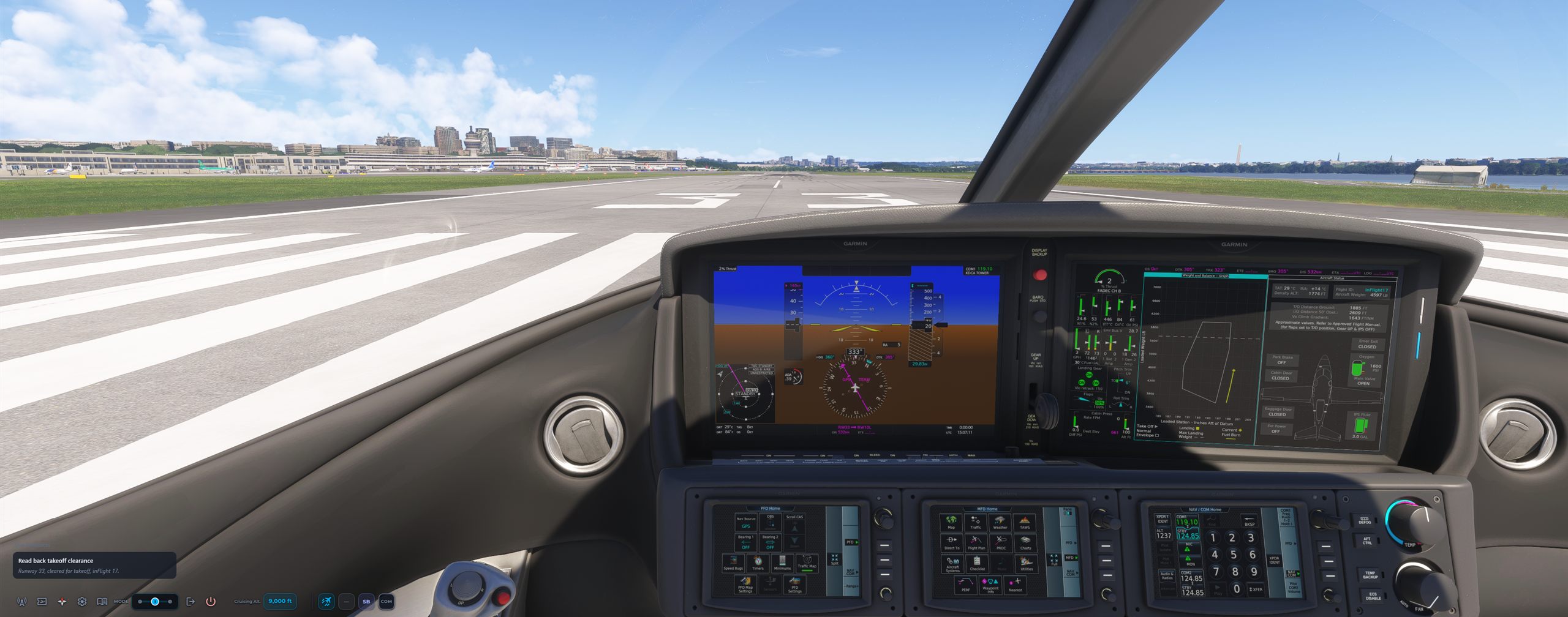 Microsoft Flight Simulator 2024 cockpit lined up on runway 33 at Washington National with the inFlight ATC readback card on screen