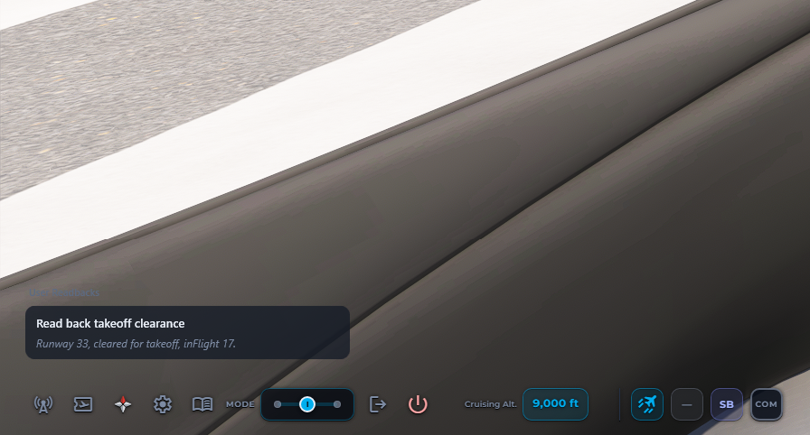 Translucent inFlight ATC HUD floating over the Microsoft Flight Simulator cockpit with a takeoff clearance readback card